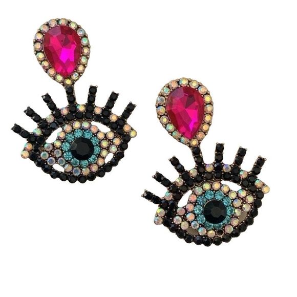 Colorful Eye Mosaic Crystal Rhinestone Earrings, Evil Eye Studs, Pink Protection - Picture 1 of 11